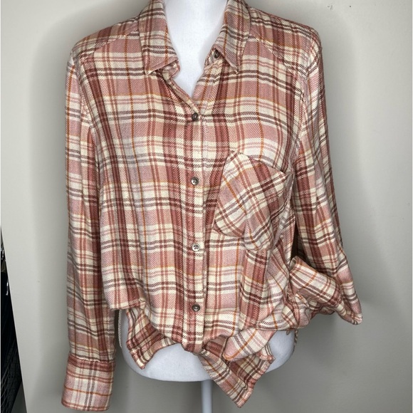 We The Free-Free People Plaid Flannel Button Down Shirt in Rust and Ivory - Picture 1 of 17